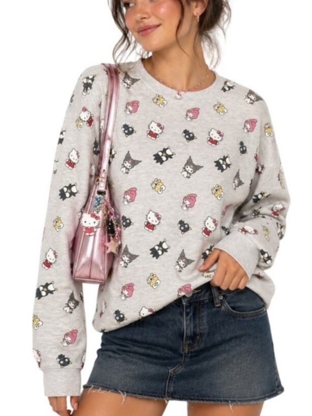 Sanrio Heather Gray Crewneck Sweatshirt with Pink and Black Character Print